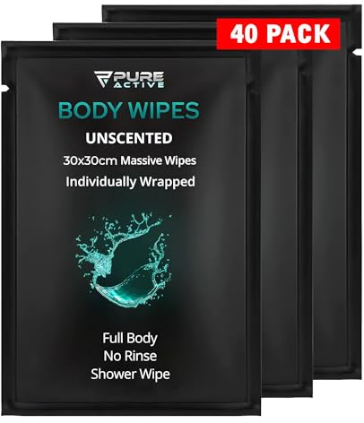 Shower Body Wipes 12x12, 40 Individually Wrapped Personal Hygiene Body Wipes for Women and Men, Keep Clean After Gym Travel Camping Outdoors Sports, Unscented