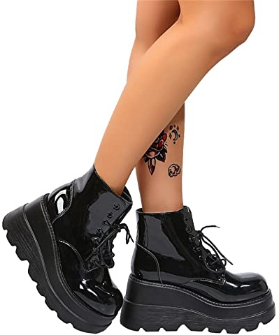 tinetill Mujer Botas de Plataforma Botas Militares Bota Piel Negra de Cordones Botas Tacón de Bloque Gótico Botas Otoño Invierno Mujer Elegante Botines