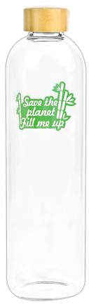 Botella de Agua Cristal 1 L - Vidrio Borosilicato con Tapón de Bambú - Water Bottle Antifugas - Reutilizable y Reciclable - Sin BPA - Resistente al Impacto y Altas Temperaturas