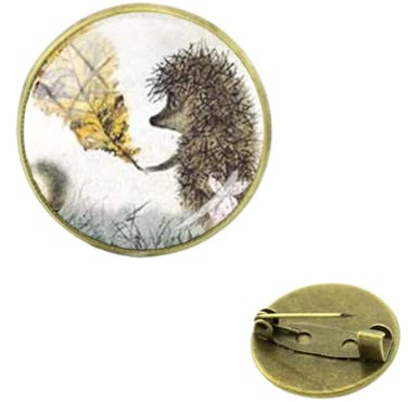 Broche en forme de hérisson dans le brouillard pour femme faite à la main - Broche ronde en verre - Bijoux en métal de style animal, Small, Bronze, verre, Perle