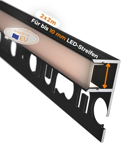 Mola, profilo per piastrelle in alluminio, 2 x 2 m, colore nero, per strisce LED fino a 1 cm di larghezza, guida per piastrelle con profilo a U + copertura in acrilico nero, profilo in alluminio