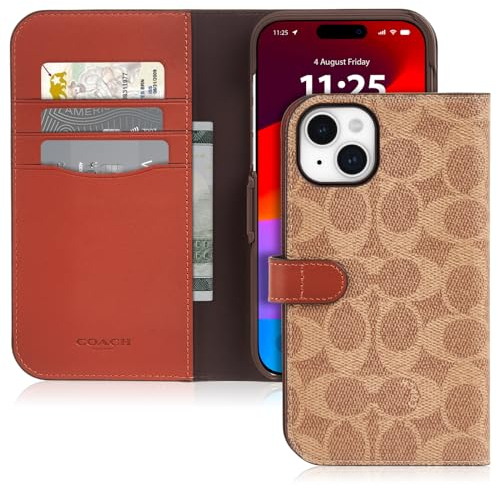 Coach Signature Canvas Zweiteilige abnehmbare Brieftaschen-Schutzhülle für iPhone 15 Plus, kompatibel mit kabellosem Laden, Signature Tan
