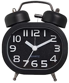 Ailan Alarm Clock Sweeper Glass Mirror Timepiece Round with Night Lights Pointer Type Metal Desktop Clocks Table Bells, Black
