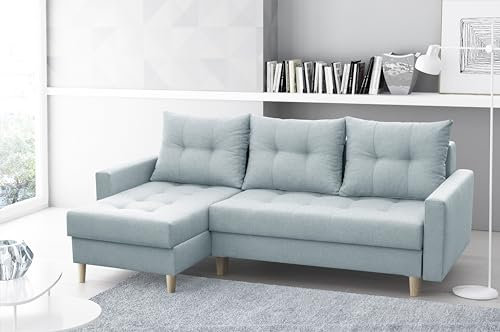 ALTDECOR Ecksofa Links mit Schlaffunktion und Bettkasten, Polstercouch in L-Form Links angeordnet, rückenecht gepolstert, ideal als Gästebett - Cozy - 222x140x90 cm Hellblau