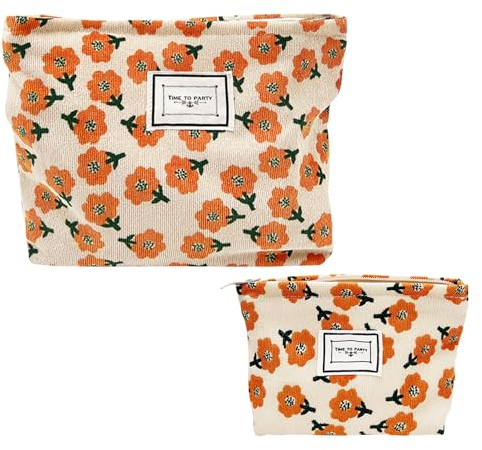 Lot de 2 trousses de toilette de voyage multifonctionnelles, sac à main, petite trousse cosmétique, trousse cosmétique pour femme, trousse cosmétique en velours côtelé, motif floral (orange), Orange,