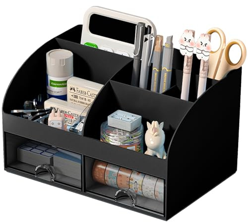 COMFYROOM Schreibtisch-Organizer mit 6 Fächern und 2 Schubladen, Kunststoff-Make-up-Organizer, Stifthalter für Schreibtisch-Aufbewahrung, Schreibtisch-Organisation für Schule, Zuhause, Bürobedarf