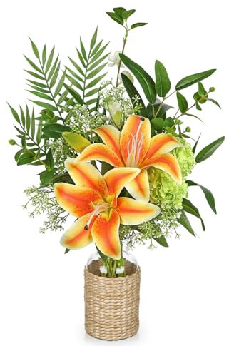Hollyone Lirios artificiales de color naranja con jarrón de cristal falso lirio tigre con planta verde en jarrón flor artificial lirio moderno decoración del hogar centro de mesa versátil boda