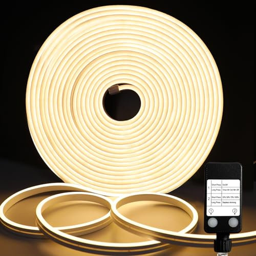 DBFAIRY LED Strip 10M, 24V Dimmbar Neon LED Streifen Zeitschaltuhr, IP65 Wasserdicht LED Lichtband 2700K, Silikon Flexibel Streifen Aussenbereich für Wohnzimmer, Schlafzimmer Heim Deko (Warmweiß)