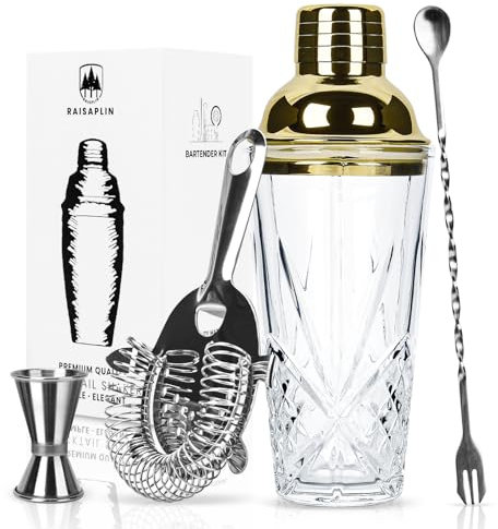 Raisaplin 4 Pcs Cocktail Shaker Set - Mini Home Bar Bartender Set, Tools for Mixing Drinks Including Glass Shaker, 10 Cocktail Spoon, Double Jigger and Tight Spring Bar Strainer - Gold