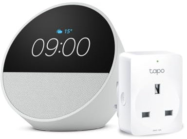 Echo Spot | Glacier White + TP-Link Tapo P110M Smart Plug with Energy Monitoring, Works with Alexa - Smart Home Starter Kit