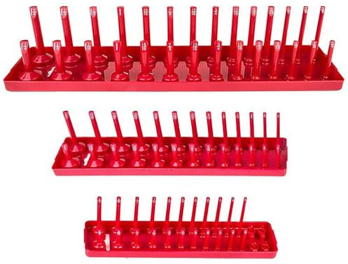 Socket Storage Rack Set, 1/4in 3/8in 1/2in Plastic Socket Holder Tray, 3 Pieces SAE Socket Stands for Toolboxes (Red)