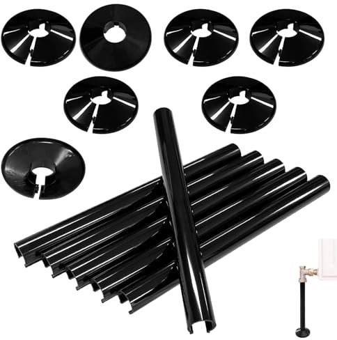 Apragaz Pipe Cover, 6 PCS Radiator Pipe Covers and 6PCS Pipe Collars, Black Radiator Pipe Hole Covers 200mm Long and 15mm Pipe Central Heating Clip On Covers