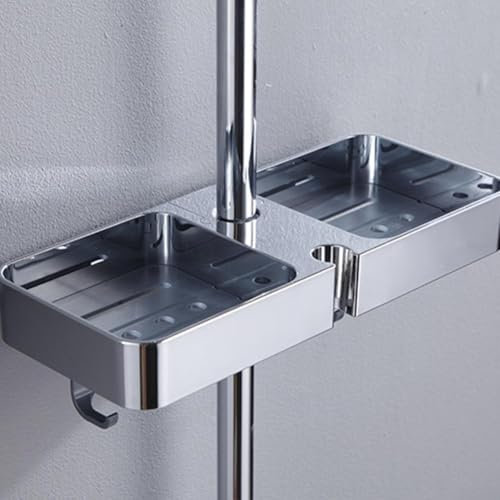HpLive Étagère pour barres de douche, étagère de douche de grande capacité sans perçage, rangement des deux côtés et 8 crochets, étagère de salle de bain (argenté)
