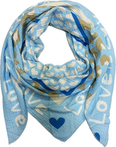 XL Dreieck Strickschal Herz Leopard Frühling Schal 100% Baumwolle Made in Italy Fashion Tuch Dreieckschal Stola Herbst Frühling Tuch Leo Love is Love Happy (Hellblau)