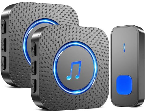 SURFOU Sonnette sans Fil, 400M Sonnette Longue Portée Exterieur Étanche Electronique, Kit de Carillon avec Récepteurs Enfichables pour la Maison, LED Bleu (2 noir récepteur + 1 noir émetteur)