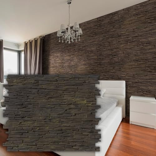 Bricopol Paneles Decorativos Para Pared |Panel Acústico | Revestimiento Paredes | Protección Térmica Aislante | Ignífugos | Decoración Habitación Salón Cocina | Imitación Piedra | Negro