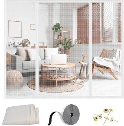 Fliegengitter Doppeltür für Fenster 225x200cm(WxH) Weiß Faltbar Insektenschutz Türvorhang, Einfach zu Montieren für 220x195cm(WxH) Tür