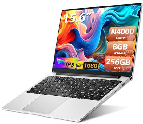 Ordenador Portáti de 15,6 Pulgadas Celeron N4000, PC Portatil 8GB RAM LPDDR4 256GB SSD FHD 1920 x 1080, Computadora portátil con USB 3.0, WiFi, Mini HDMI, BT4.2, Compatible con expansión SSD 1TB