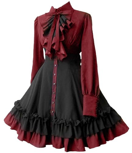 Generico Elegante Lolita Gotico Donna Abiti Colletto con Fiocco Pieghettato Lace Up Goth Vintage Chic Jurken Dress Cosplay Costume Vestito da Maid Arco Anime Abito per Halloween Carnevale Medievale
