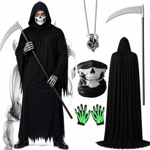 Moerstar Costume Mietitore Bambino Adulto, Costumi Halloween Morte con Mantello Nero con Cappuccio Falce Maschera Teschio Guanti e Collana, Costume Uomo per Halloween Carnevale