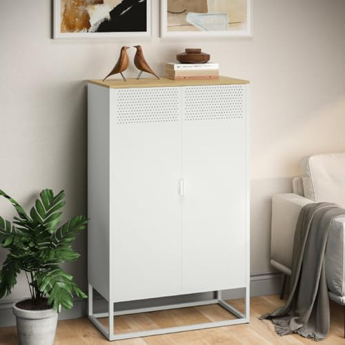 skølm Izar Metall Kommode – Wohnzimmerschrank in Weiß mit Holz-Ablagefläche – Metallschrank mit 3 Fächern & Doppeltüren – Sideboard für Wohnzimmer – Mehrzweckschrank 80 cm breit – Highboard