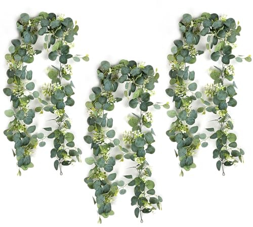 3 Stück Eukalyptus Girlandes, 1.8m Künstliche Girlanden Eukalyptus, Künstliche Pflanze Girlande Grün mit Weiße Blumen für Hochzeit Zuhause Deko