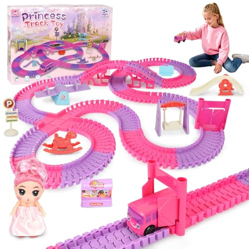 Race track Toys for 3 4 5 Year Old Girls, Princess toys with Electric Cars & Princess doll, Car Track Construction Toy Birthday for 3-9 Year Old Girl Kids Gifts (262pc)