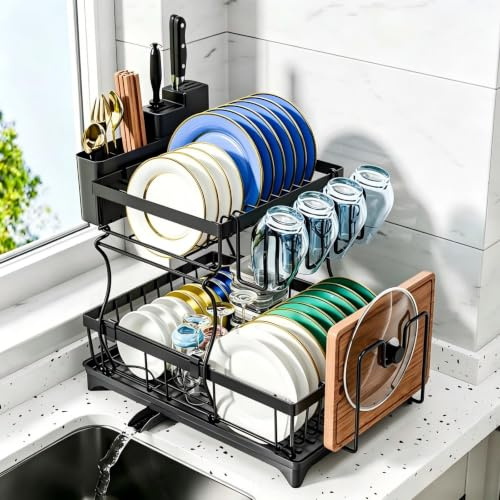 Multibao 2 Tier Dish Drainer Rack for Kitchen Counter - Space-Saving Dish Rack with Chopping Board & Cutlery & Cup Holders, 360° Drain Spout, Large Capacity Dish Drying Rack with Draining Board, Black