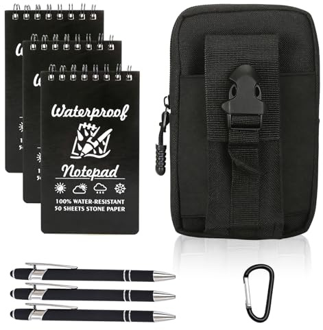 SIMDAO 8-teiliges wasserdichtes Notizbuch-Set, 7,6 x 12,7 cm, kleines Notizbuch und Stift, multifunktionale Taille mit Karabinerhaken, taktische Steno-Pads für Outdoor-Camping-Aufnahmen (schwarz)