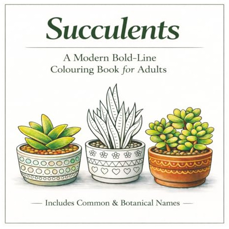 Succulents - A Modern Bold-line Colouring Book for Adults: Botanical Designs for Relaxation, Stress Relief & Creative Calm — Includes Common and Botanical Names
