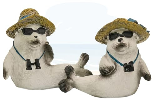 Logbuch-Verlag 2er Set Seehund Figuren mit Strohhut und Sonnenbrille 8,5 x 3,5 x 8 cm aus Polyresin grau matt - Maritime Deko Robben - Tischdeko Badezimmer Strandhaus Geschenk