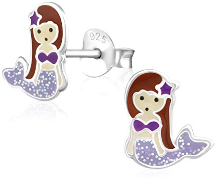 Laimons Mädchen Kids Kinder-Ohrstecker Ohrringe Kinderschmuck Meerjungfrau Seejungfrau Fischfrau Lila Braun Glitzer aus Sterling Silber 925