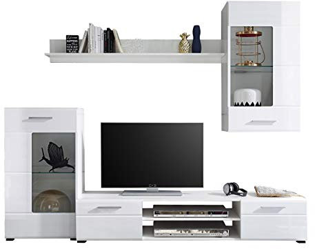 AVANTI TRENDSTORE - Erik - Parete da soggiorno in laminato di colore bianco e anteriore in MDF bianco lucido, dimensioni: LAP 240x200x38 cm