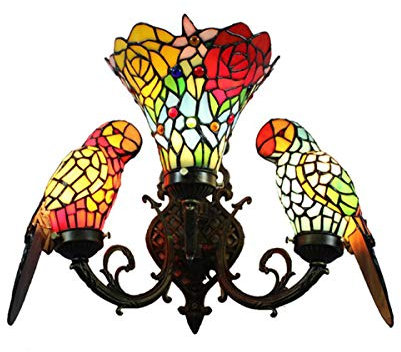 GDLight Vintage Tiffany Stil Doppel Papageien Wandleuchte Glasmalerei Rose Schatten 3-Lights Wandleuchte Leuchte für Korridor Flur Schlafzimmer Wohnzimmer