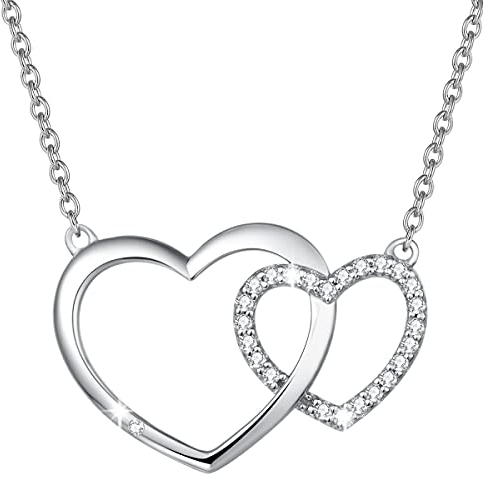 AGVANA Herz Kette Weißgold Plattiert, 925 Sterling Silber Doppelte Herzkette Funkelnd Zirkonia Herz Anhänger Halskette Schmuck Geschenk für Frauen Damen, Kettenlänge:40+5cm
