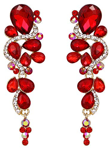 Clearine Wedding Jewellery for Bridal Statement Costume Bohemian Boho Crystal Diamante Teardrop Cluster Long Drop Clip-On Chandelier Dangle Earrings Red Ruby Colour Gold-Tone