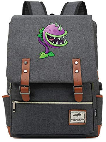 WANHONGYUE Game Plants vs. Zombies Anime Vintage Rucksack College Student Schoolbag 15.6-inch Laptop Backpack with USB Charging Port Grey / 1