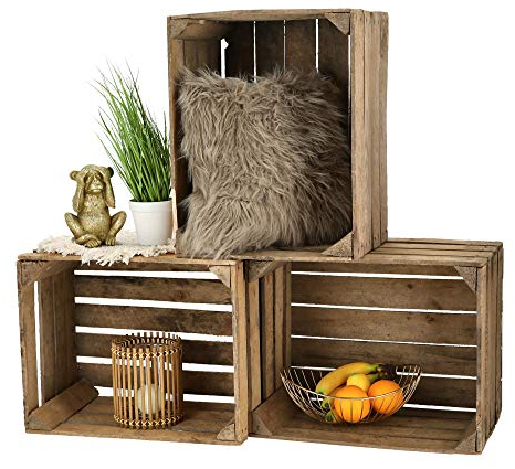 Cepewa Obstkiste zum Stapeln │gebrauchter Vintage Look │Weinkiste aus Holz 50 x 40 x 30 cm (1x 3er Set Obstkiste Natur)