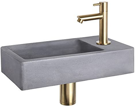 Differnz Force Waschbecken - Waschtisch Dunkelgrau Beton - Gerade Armatur Matt Gold - Komplettset - 40 x 22 x 8 cm