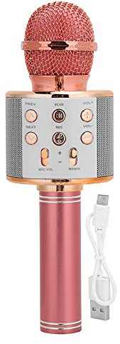 Elprico Microphone, Battery Powered BT Wireless Bluetooth Speaker Multifunction Key Microphone, Noise Reduction Handheld Microphone Fit for KTV(Rose Gold)
