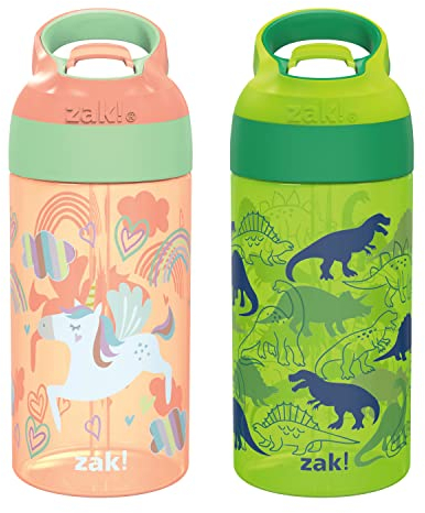 Zak Designs 16oz Riverside Kids Water Bottle with Spout Cover and Built-in Carrying Loop, Made of Durable Plastic, Leak-Proof Water Bottle Design for Travel (Unicorn & Dino Camo, Pack of 2)