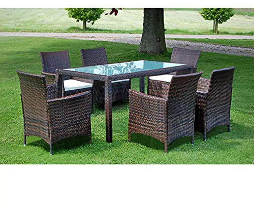 Gecheer 7-TLG. Garten Essgruppe, Terrassenmöbel Set 6 Personen, Sitzgruppe Esstisch mit Glas-Tischplatte & 6 Rattan-Stühle mit Sitzkissen, Gartenmöbel Set Braun