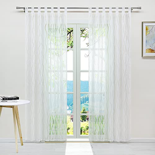 ESLIR Gardinen mit Schlaufen Vorhänge Ausbrenner Fensterschal Transparent Schlaufenschal mit Wellen Muster Weiß BxH 140x245cm 2 Stück