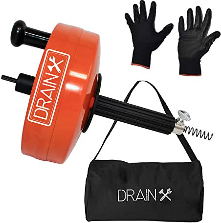 DrainX Serpente idraulico Power Pro a tamburo da 35 m in acciaio con attacco per trapano, da utilizzare manualmente o alimentato, cavo resistente con guanti da lavoro e custodia inclusa