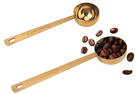 Coffee Scoop Set - Gold Stainless Steel Tablespoons (15ml and 30ml) for Coffee, Milk Powder, Fruit Powder - 2 Pack (Long)