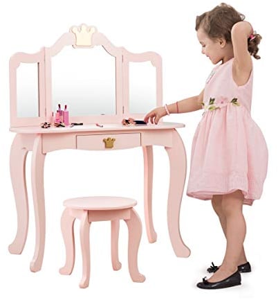 LIFEZEAL 2 in 1 Kinder Schminktisch, Kinderkosmetiktisch Set mit Abnehmbarer Spiegel & Hocker, Frisiertisch für Mädchen ab 3 Jahren, Prinzessin Frisierkommode Holz mit Schubladen