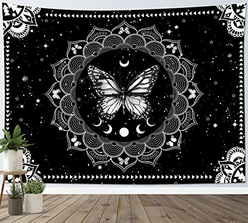 LB Wandteppich Schwarzer und weißer Schmetterling Wandtuch Mandala Blume Mondphasen Wandbehang Sterne im Universum Tapisserie für Wohnzimmer Schlafzimmer Wohnheim Wanddeko,235x180cm