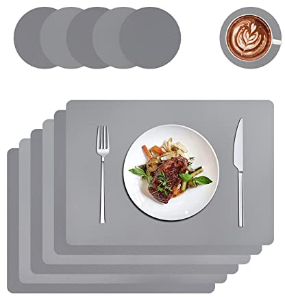 Tischsets und Untersetzer Aus Leder,Platzsets Abwaschbar,Tischdeko,Eckige Platzdeckchen,Platzset Abwischbar,PU Kunstleder Hitzebeständig Platzmatten für Küche Speisetisch,6er-Set(grau)