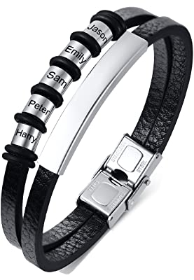 FLHEART Personalisierte Armband Herren Lederarmband mit 2-7 Namen Perlen benutzerdefinierte Name ID Armbänder für Papa Freund Ehemann Familie für Weihnachten, Geburtstag, Valentinstag,Silber,5 Namen
