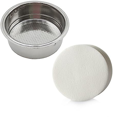 1 Piece Coffee Filter with 100 Pieces of Coffee Filter Paper, Double Cup Stainless Steel Espresso Filter Bowl, 51mm Double Deck Filter Basket, Easy to Clean Filter Bowl, Coffee Machine Accessories